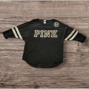 Victoria's Secret PINK Silver Sequin Logo Size Medium 3/4 Sleeve Black T-Shirt